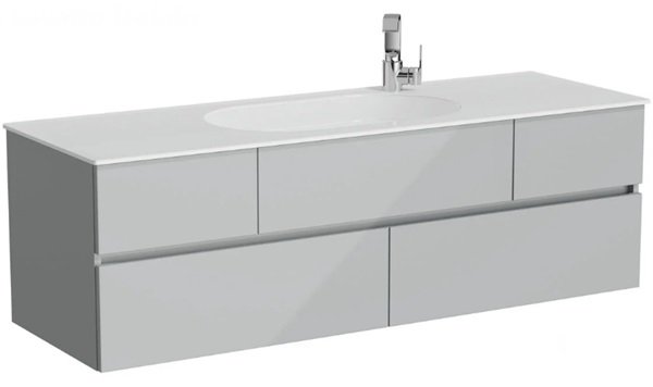 Vitra Memoria 66715 Lavabo Dolabı 150 Cm, Seramik Etajerli Lavabolu,Sağdan Armatür Delikli Parlak Gri.